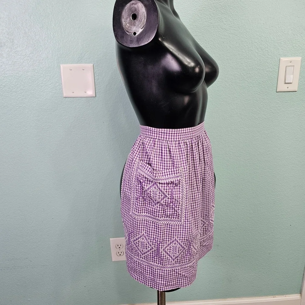 Vintage Handmade Purple Gingham Half Apron White Cross Stitch Embroidery Pockets